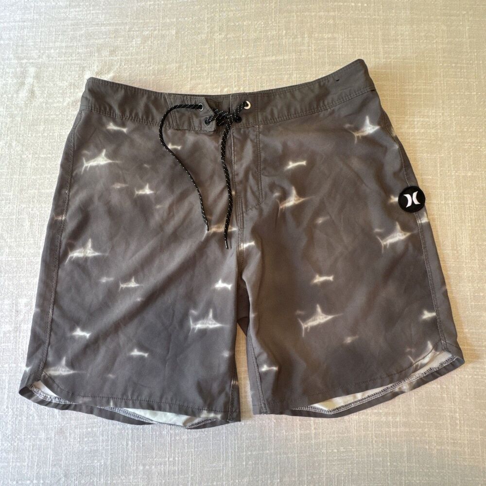 Hurley Unlined Stretchy Swim Shorts Dark Gray With Swordfish Sharks Mens Size 32